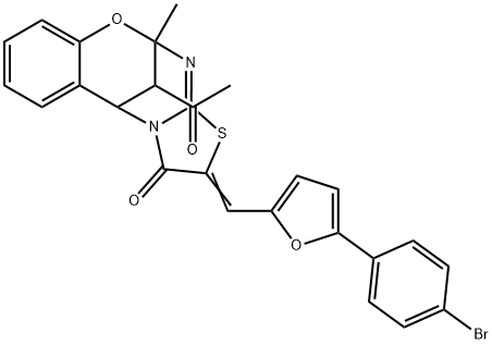 16-acetyl-13-{[5-(4-bromophenyl)-2-furyl]methylene}-9-methyl-8-oxa-12-thia-10,15-diazatetracyclo[7.6.1.0~2,7~.0~11,15~]hexadeca-2,4,6,10-tetraen-14-one Struktur