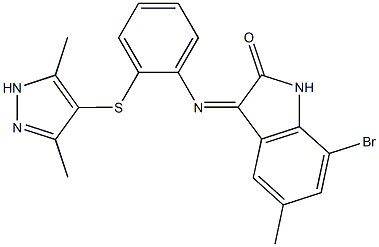 7-bromo-3-({2-[(3,5-dimethyl-1H-pyrazol-4-yl)sulfanyl]phenyl}imino)-5-methyl-1,3-dihydro-2H-indol-2-one Struktur