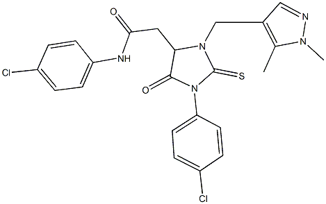 N-(4-chlorophenyl)-2-{1-(4-chlorophenyl)-3-[(1,5-dimethyl-1H-pyrazol-4-yl)methyl]-5-oxo-2-thioxo-4-imidazolidinyl}acetamide Struktur