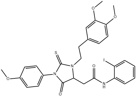 2-[3-[2-(3,4-dimethoxyphenyl)ethyl]-1-(4-methoxyphenyl)-5-oxo-2-thioxo-4-imidazolidinyl]-N-(2-iodophenyl)acetamide Struktur