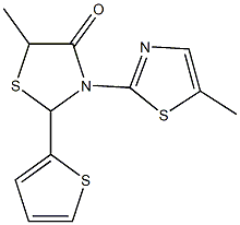 5-methyl-3-(5-methyl-1,3-thiazol-2-yl)-2-(2-thienyl)-1,3-thiazolidin-4-one Struktur