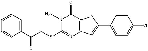 3-amino-6-(4-chlorophenyl)-2-[(2-oxo-2-phenylethyl)sulfanyl]thieno[3,2-d]pyrimidin-4(3H)-one Struktur