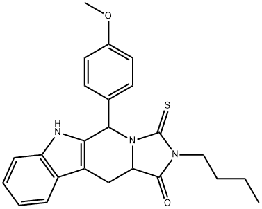 2-butyl-5-(4-methoxyphenyl)-3-thioxo-2,3,5,6,11,11a-hexahydro-1H-imidazo[5',1':6,1]pyrido[3,4-b]indol-1-one Struktur