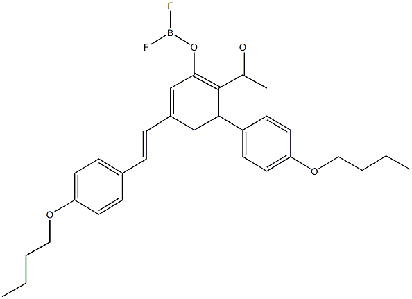 2-acetyl-3-(4-butoxyphenyl)-5-[2-(4-butoxyphenyl)vinyl]-1,5-cyclohexadien-1-yl difluoridoborate Struktur