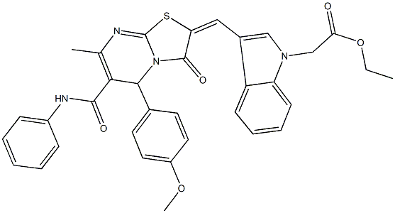 ethyl {3-[(6-(anilinocarbonyl)-5-(4-methoxyphenyl)-7-methyl-3-oxo-5H-[1,3]thiazolo[3,2-a]pyrimidin-2(3H)-ylidene)methyl]-1H-indol-1-yl}acetate Struktur