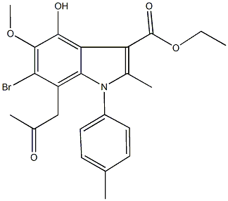 ethyl 6-bromo-4-hydroxy-5-methoxy-2-methyl-1-(4-methylphenyl)-7-(2-oxopropyl)-1H-indole-3-carboxylate Struktur