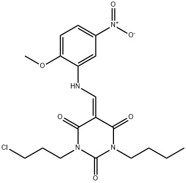 1-butyl-3-(3-chloropropyl)-5-({5-nitro-2-methoxyanilino}methylene)-2,4,6(1H,3H,5H)-pyrimidinetrione Struktur