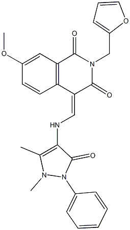 4-{[(1,5-dimethyl-3-oxo-2-phenyl-2,3-dihydro-1H-pyrazol-4-yl)amino]methylene}-2-(2-furylmethyl)-7-methoxy-1,3(2H,4H)-isoquinolinedione Struktur