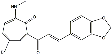 2-[3-(1,3-benzodioxol-5-yl)acryloyl]-4-bromo-7-(methylamino)-2,4,6-cycloheptatrien-1-one Struktur