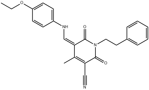 5-[(4-ethoxyanilino)methylene]-4-methyl-2,6-dioxo-1-(2-phenylethyl)-1,2,5,6-tetrahydro-3-pyridinecarbonitrile Struktur