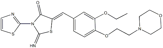 5-{3-ethoxy-4-[2-(4-morpholinyl)ethoxy]benzylidene}-2-imino-3-(1,3-thiazol-2-yl)-1,3-thiazolidin-4-one Struktur