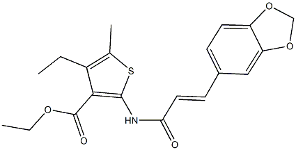 ethyl 2-{[3-(1,3-benzodioxol-5-yl)acryloyl]amino}-4-ethyl-5-methyl-3-thiophenecarboxylate Struktur