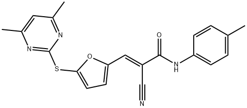 2-cyano-3-{5-[(4,6-dimethyl-2-pyrimidinyl)sulfanyl]-2-furyl}-N-(4-methylphenyl)acrylamide Struktur