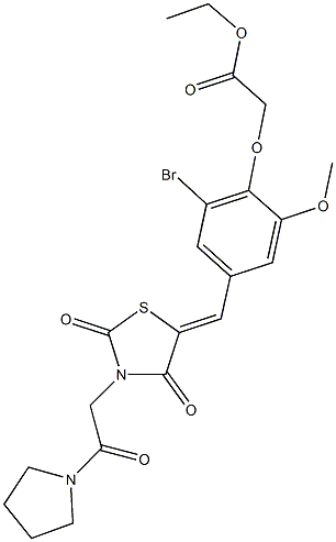 ethyl [2-bromo-4-({2,4-dioxo-3-[2-oxo-2-(1-pyrrolidinyl)ethyl]-1,3-thiazolidin-5-ylidene}methyl)-6-methoxyphenoxy]acetate Struktur