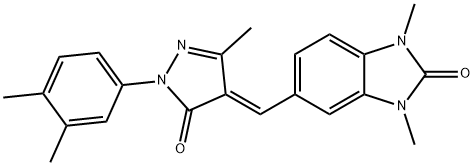 5-{[1-(3,4-dimethylphenyl)-3-methyl-5-oxo-1,5-dihydro-4H-pyrazol-4-ylidene]methyl}-1,3-dimethyl-1,3-dihydro-2H-benzimidazol-2-one Struktur