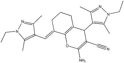 2-amino-4-(1-ethyl-3,5-dimethyl-1H-pyrazol-4-yl)-8-[(1-ethyl-3,5-dimethyl-1H-pyrazol-4-yl)methylene]-5,6,7,8-tetrahydro-4H-chromene-3-carbonitrile Struktur