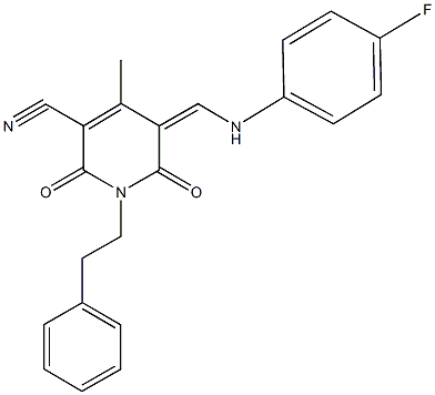 5-[(4-fluoroanilino)methylene]-4-methyl-2,6-dioxo-1-(2-phenylethyl)-1,2,5,6-tetrahydro-3-pyridinecarbonitrile Struktur