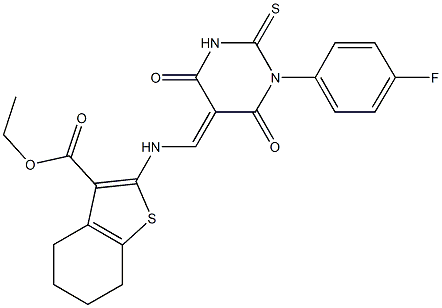 ethyl 2-{[(1-(4-fluorophenyl)-4,6-dioxo-2-thioxotetrahydro-5(2H)-pyrimidinylidene)methyl]amino}-4,5,6,7-tetrahydro-1-benzothiophene-3-carboxylate Struktur