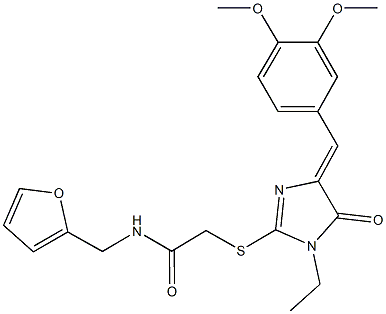 2-{[4-(3,4-dimethoxybenzylidene)-1-ethyl-5-oxo-4,5-dihydro-1H-imidazol-2-yl]sulfanyl}-N-(2-furylmethyl)acetamide Struktur