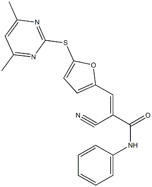 2-cyano-3-{5-[(4,6-dimethyl-2-pyrimidinyl)sulfanyl]-2-furyl}-N-phenylacrylamide Struktur