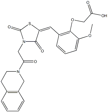 [2-({3-[2-(3,4-dihydro-2(1H)-isoquinolinyl)-2-oxoethyl]-2,4-dioxo-1,3-thiazolidin-5-ylidene}methyl)-6-methoxyphenoxy]acetic acid Struktur