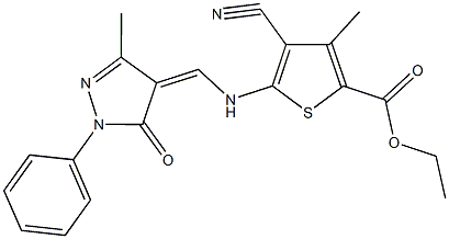 ethyl 4-cyano-3-methyl-5-{[(3-methyl-5-oxo-1-phenyl-1,5-dihydro-4H-pyrazol-4-ylidene)methyl]amino}-2-thiophenecarboxylate Struktur