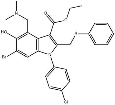 ethyl 6-bromo-1-(4-chlorophenyl)-4-[(dimethylamino)methyl]-5-hydroxy-2-[(phenylsulfanyl)methyl]-1H-indole-3-carboxylate Struktur