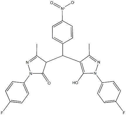 2-(4-fluorophenyl)-4-([1-(4-fluorophenyl)-5-hydroxy-3-methyl-1H-pyrazol-4-yl]{4-nitrophenyl}methyl)-5-methyl-2,4-dihydro-3H-pyrazol-3-one Struktur