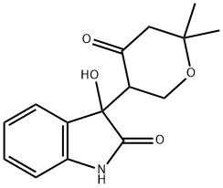 3-(6,6-dimethyl-4-oxotetrahydro-2H-pyran-3-yl)-3-hydroxy-1,3-dihydro-2H-indol-2-one Struktur