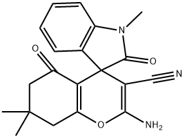 2'-amino-3'-cyano-1,7',7'-trimethyl-1,3,5',6',7',8'-hexahydro-2,5'-dioxospiro[2H-indole-3,4'-(4'H)-chromene] Struktur