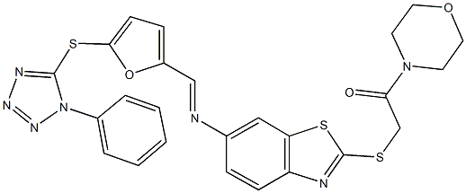 N-(2-{[2-(4-morpholinyl)-2-oxoethyl]sulfanyl}-1,3-benzothiazol-6-yl)-N-({5-[(1-phenyl-1H-tetraazol-5-yl)sulfanyl]-2-furyl}methylene)amine Struktur