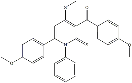 (4-methoxyphenyl)[6-(4-methoxyphenyl)-4-(methylsulfanyl)-1-phenyl-2-thioxo-1,2-dihydro-3-pyridinyl]methanone Struktur