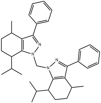 7-isopropyl-1-[(7-isopropyl-4-methyl-3-phenyl-4,5,6,7-tetrahydro-1H-indazol-1-yl)methyl]-4-methyl-3-phenyl-4,5,6,7-tetrahydro-1H-indazole Struktur