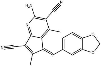 2-amino-5-(1,3-benzodioxol-5-ylmethylene)-4,6-dimethyl-5H-cyclopenta[b]pyridine-3,7-dicarbonitrile Struktur