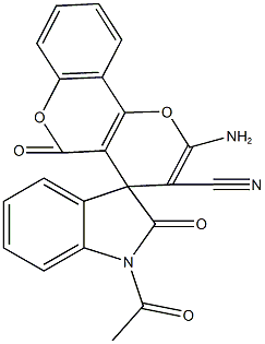 1'-acetyl-2-amino-1',3'-dihydro-2',5-dioxospiro(4H,5H-pyrano[3,2-c]chromene-4,3'-[2'H]-indole)-3-carbonitrile Struktur