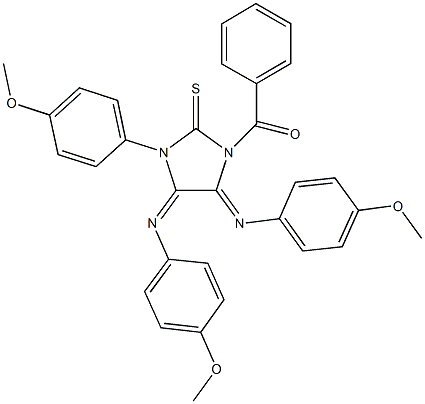 1-benzoyl-3-(4-methoxyphenyl)-4,5-bis[(4-methoxyphenyl)imino]imidazolidine-2-thione Struktur