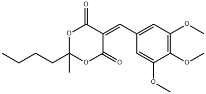 2-butyl-2-methyl-5-(3,4,5-trimethoxybenzylidene)-1,3-dioxane-4,6-dione Struktur