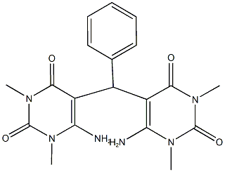 6-amino-5-[(6-amino-1,3-dimethyl-2,4-dioxo-1,2,3,4-tetrahydro-5-pyrimidinyl)(phenyl)methyl]-1,3-dimethyl-2,4(1H,3H)-pyrimidinedione Struktur