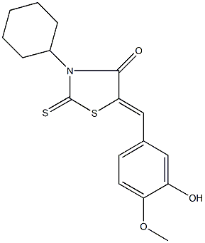 3-cyclohexyl-5-(3-hydroxy-4-methoxybenzylidene)-2-thioxo-1,3-thiazolidin-4-one Struktur