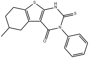 6-methyl-3-phenyl-2-sulfanyl-5,6,7,8-tetrahydro[1]benzothieno[2,3-d]pyrimidin-4(3H)-one Struktur