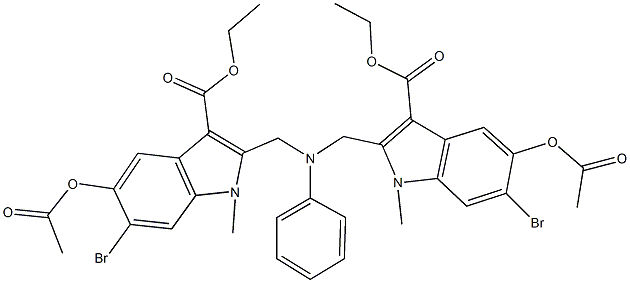 ethyl 5-(acetyloxy)-2-[({[5-(acetyloxy)-6-bromo-3-(ethoxycarbonyl)-1-methyl-1H-indol-2-yl]methyl}anilino)methyl]-6-bromo-1-methyl-1H-indole-3-carboxylate Struktur