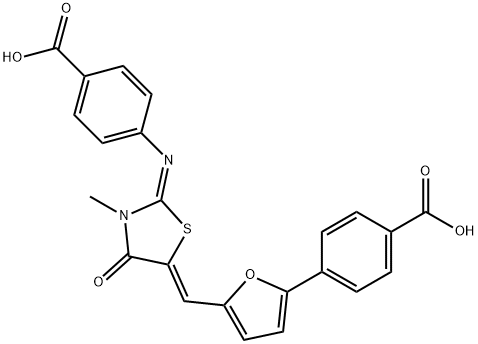 4-[5-({2-[(4-carboxyphenyl)imino]-3-methyl-4-oxo-1,3-thiazolidin-5-ylidene}methyl)-2-furyl]benzoic acid Struktur