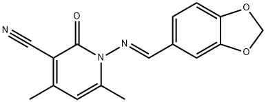 1-[(1,3-benzodioxol-5-ylmethylene)amino]-4,6-dimethyl-2-oxo-1,2-dihydro-3-pyridinecarbonitrile Struktur