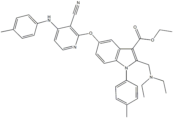 ethyl 5-{[3-cyano-4-(4-toluidino)pyridin-2-yl]oxy}-2-[(diethylamino)methyl]-1-(4-methylphenyl)-1H-indole-3-carboxylate Struktur