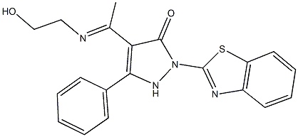 2-(1,3-benzothiazol-2-yl)-4-[N-(2-hydroxyethyl)ethanimidoyl]-5-phenyl-1,2-dihydro-3H-pyrazol-3-one Struktur