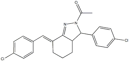 2-acetyl-7-(4-chlorobenzylidene)-3-(4-chlorophenyl)-3,3a,4,5,6,7-hexahydro-2H-indazole Struktur