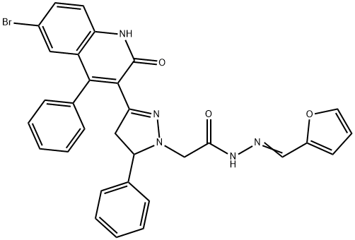 2-[3-(6-bromo-2-oxo-4-phenyl-1,2-dihydro-3-quinolinyl)-5-phenyl-4,5-dihydro-1H-pyrazol-1-yl]-N'-(2-furylmethylene)acetohydrazide Struktur