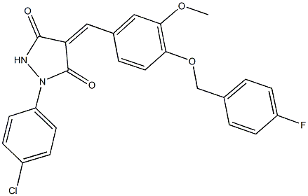 1-(4-chlorophenyl)-4-{4-[(4-fluorobenzyl)oxy]-3-methoxybenzylidene}-3,5-pyrazolidinedione Struktur