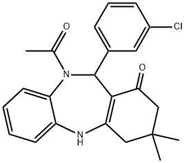 10-acetyl-11-(3-chlorophenyl)-3,3-dimethyl-2,3,4,5,10,11-hexahydro-1H-dibenzo[b,e][1,4]diazepin-1-one Struktur