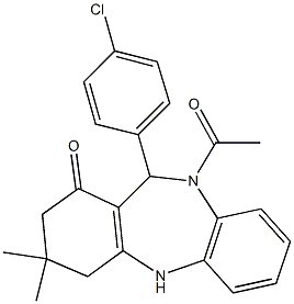 10-acetyl-11-(4-chlorophenyl)-3,3-dimethyl-2,3,4,5,10,11-hexahydro-1H-dibenzo[b,e][1,4]diazepin-1-one Struktur